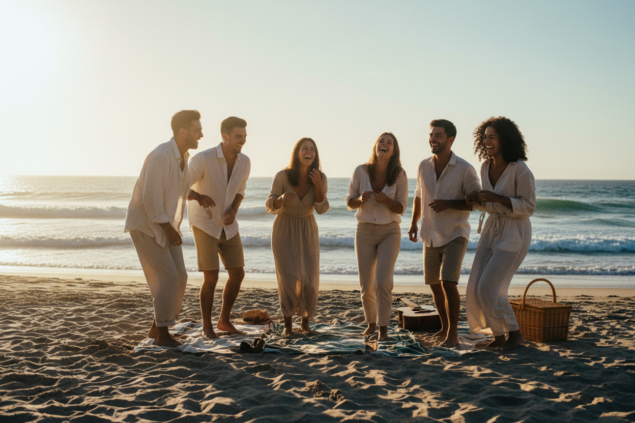 friends laughing on a beach. make it colour graded and have mood. but its for an add